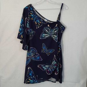 One shoulder Navy Blue Wrap Style y2k Butterfly Blouse Ladies Size Large